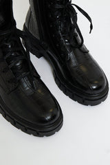 Black Faux Croc Leather Chunky Sole Boots - Myla