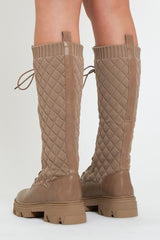 Brown Lace Up PU Leather and Quilted High Boots - Salva