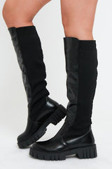 Black PU Faux Leather Knee High Boots - Azel