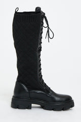 Black Lace Up PU Leather and Quilted High Boots - Salva