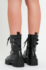 Black Faux Croc Leather Double Chain Biker Boots - Halee