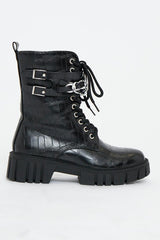 Black Faux Croc Leather Double Chain Biker Boots - Halee