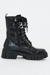Black Faux Croc Leather Double Chain Biker Boots - Halee