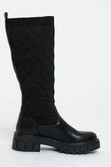 Black Quilted Detail Knee High Boots - Bethsy