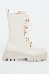 Cream Chain Detail Faux Leather Boots - Niska