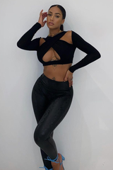 Black Slinky Cross Front Long Sleeve Crop Top - Tahlia