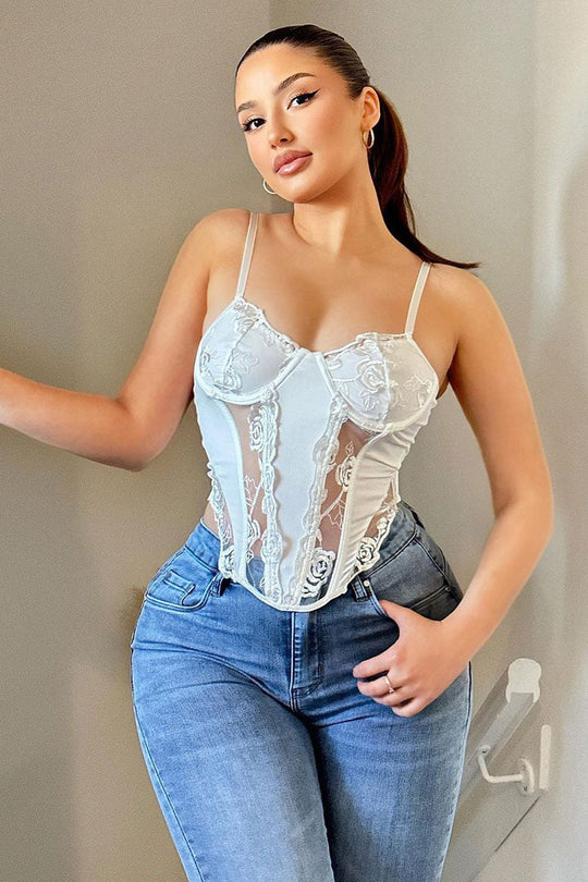 White Mesh Lace Floral Embroidered Corset Detail Top - Takara