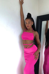 Pink Halter Neck Crop Top & Tie Waist Ruched Bum Maxi Skirt Set - Tilly