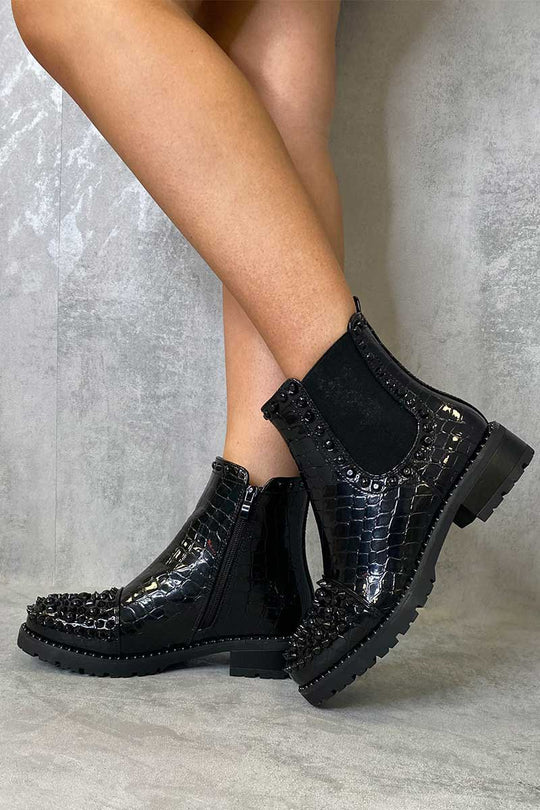 Black Patent Croc Stud Chelsea Boots - Taegan