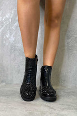 Black Patent Croc Stud Chelsea Boots - Taegan