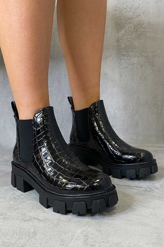 Black Croc Chunky Sole Chelsea Boot - Zamirah