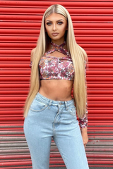 White Floral Ruched Sleeve Crop Top - Deeba