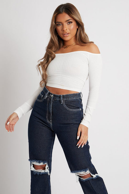 White Off the Shoulder Long Sleeve Ruched Crop Top - Kali