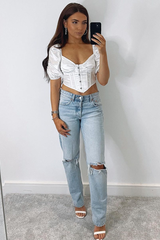 White Satin Puff Sleeve Corset Crop Top - Zafena