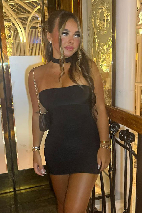 Black Bandeau Choker Neck Bodycon Dress - Zayla