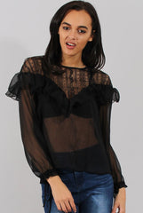 Black Lace Frilled Sheer Top - Linda