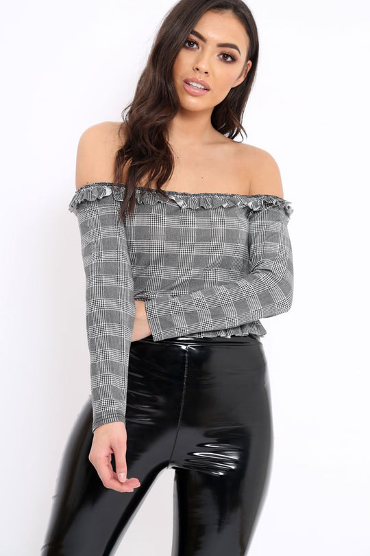Hounds-Tooth Frill Bardot Crop Top - Benita