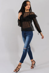 Black Lace Frilled Sheer Top - Linda