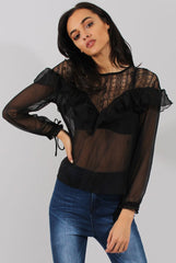 Black Lace Frilled Sheer Top - Linda