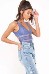 Blue Lace Sleeveless Open Back Bodysuit - Molina
