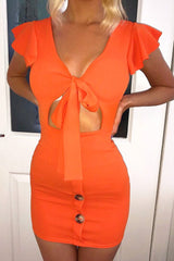 Orange Tie Button Front Bodycon Dress - Aaira