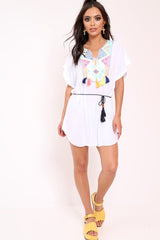 White Aztec Multi Embroidery Dress - Aabriella