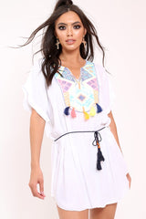 White Aztec Multi Embroidery Dress - Aabriella