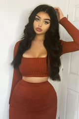 Rust Ribbed Square Neck Top and Midi Skirt Co-ord - Tiera