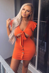 Orange Tie Button Front Bodycon Dress - Aaira