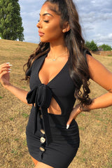 Black Tie Button Front Bodycon Dress - Aaira