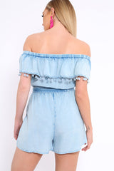 Blue Denim Look Bardot Pom Pom Trim Playsuit - Aalani