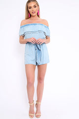 Blue Denim Look Bardot Pom Pom Trim Playsuit - Aalani
