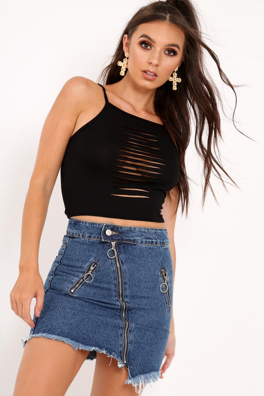 Blue Denim Zip Frayed Hem Mini Skirt - Aaliah