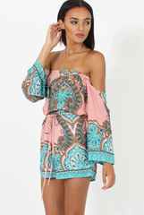Pink And Blue Paisley Bardot Playsuit - Aaliyah