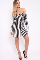 White Stripe Button Detail Blazer Dress - Aaliyana
