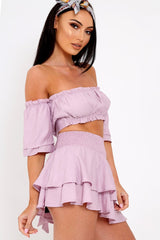 Lilac Ruffle Bardot Crop Top And Skirt Co-ord - Aamora
