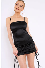 Black Satin Ruched Bodycon Dress - Aara