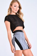 Grey Black Knit Colour Block Zip Front Mini Skirt - Aariel
