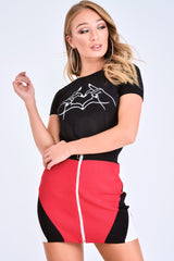 Red Black Knit Colour Block Zip Front Mini Skirt - Aariel