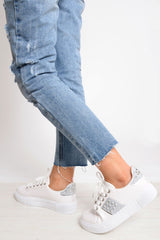 White Embellished Stud Platform Trainers - Aariel