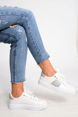 White Embellished Stud Platform Trainers - Aariel