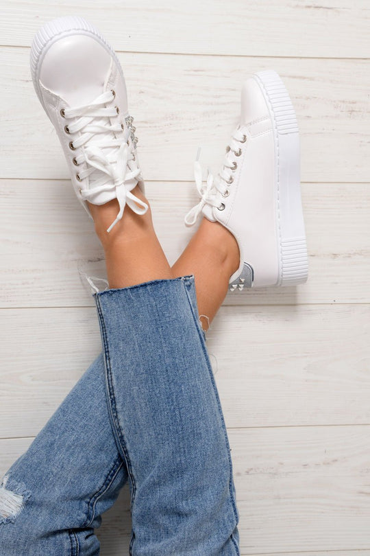 White Embellished Stud Platform Trainers - Aariel