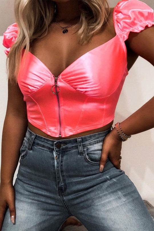 Neon Pink Satin Milkmaid Ring Zip Crop Top - Aariel