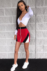 Red Black Knit Colour Block Zip Front Mini Skirt - Aariel