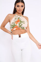 Cream Floral Halterneck Backless Crop Top - Aarin