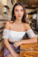 White Crochet Bardot Cold Shoulder Crop Top - Aarshi