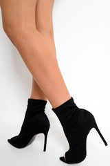 Black Faux Suede Peep Toe Sock Boots - Aarushi