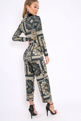 Teal Paisley Print Zip Front Jumpsuit - Aazeen