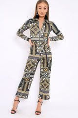 Teal Paisley Print Zip Front Jumpsuit - Aazeen