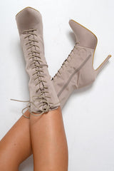 Mocha Stretchy Lace Up Heeled Ankle Boots - Aayla